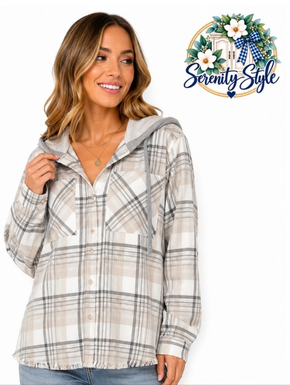 Wallflower Large Gray Plaid Hooded Button Down Shacket Jacket Frayed Hem